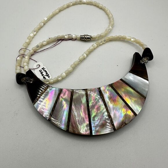 16” Abalone inlay on wood, shell beaded bib necklace! - Picture 2 of 14